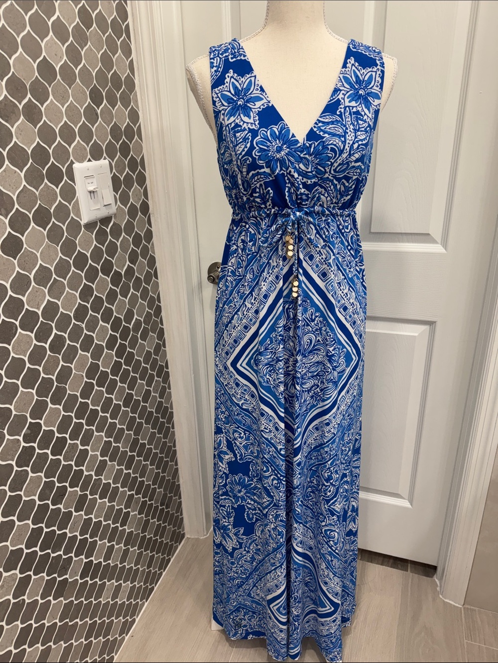 Lilly Pulitzer Royal Blue & White Paisley V-Neck Maxi Dress
